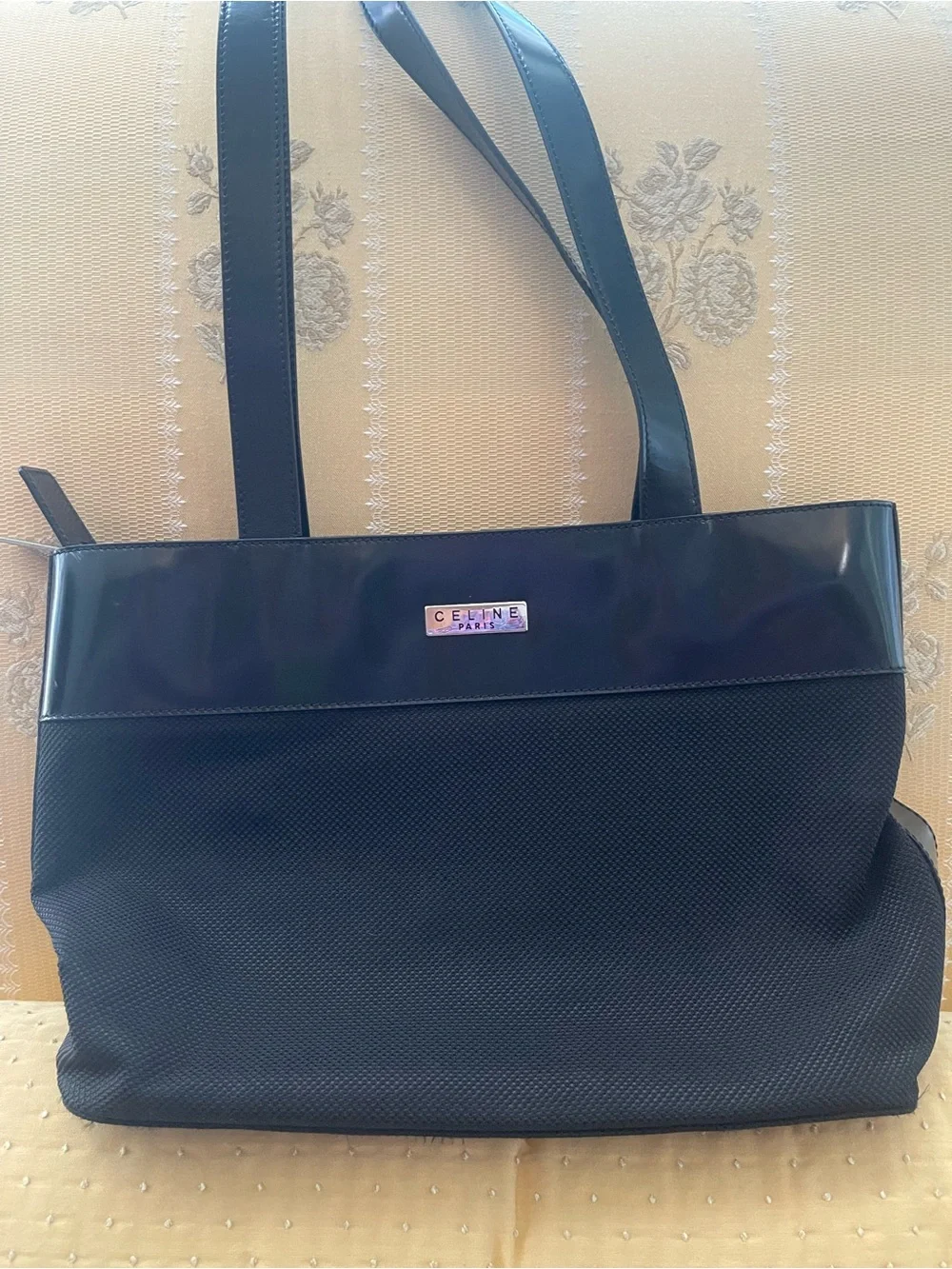 Celine Black Nylon  Tote with patent leather Trim